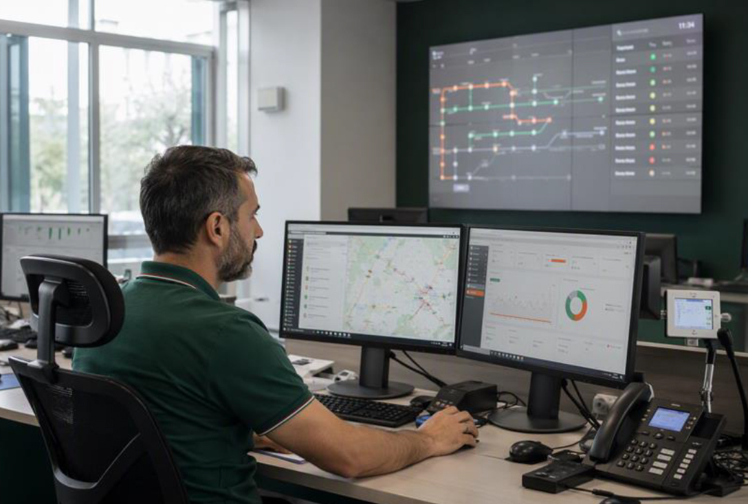 Operatore in una sala di controllo aziendale davanti a monitor con mappe, cruscotti dati e diagrammi di rete